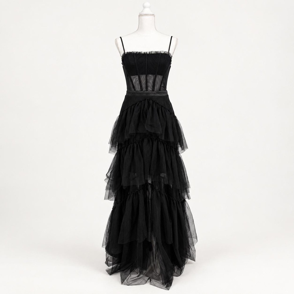 Y2K City Triangles 3 Black Tulle Tiered Corset Bodice Gown Dress Homecoming Goth